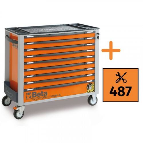 Wózek narzędziowy z 9 szufladami, model długi, z zestawem narzędzi, 487 elementów, pomarańczowy, model BW2400S/XLO9/E-XL