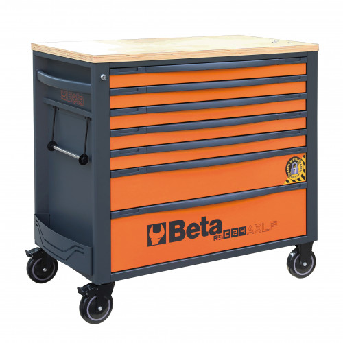 Wózek narzędziowy z 7 szufladami z drewnianym blatem i systemem zabezpieczajacym przed przewróceniem długi pomarańczowy