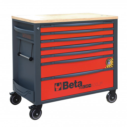 Wózek narzędziowy z 7 szufladami z drewnianym blatem i systemem zabezpieczajacym przed przewróceniem długi czerwony